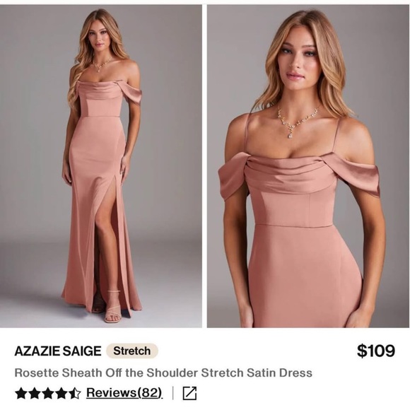 Azazie Dresses & Skirts - Rosette Off the Shoulder Stretch Satin Dress